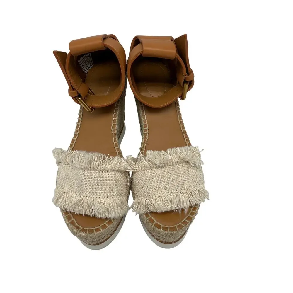 See by Chloé Glyn Leather Canvas Espadrille Wedge Sandals Tan Ivory Women's EU36